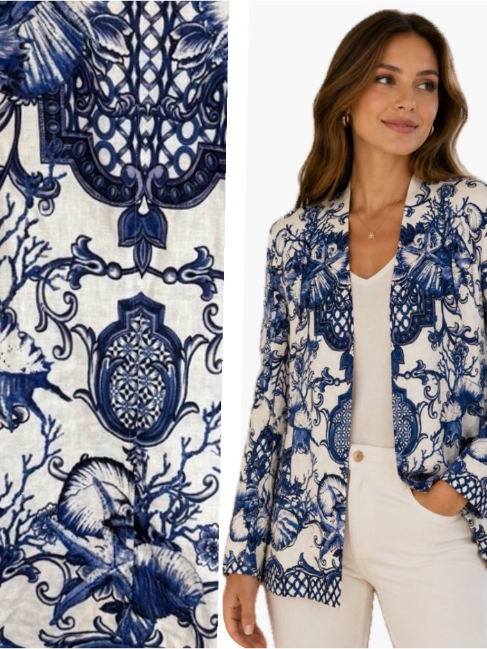 Chico’s, Blue & White Coastal Print Open Front Blazer Jacket, Size 3 (Xl/16)